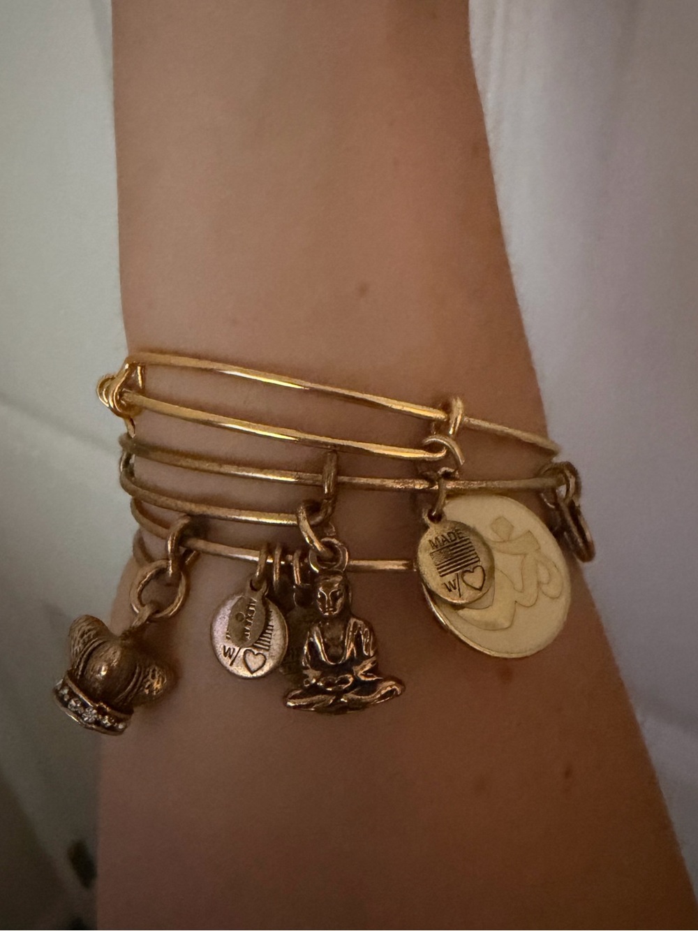 Alex & Ani Gold Tone Charm Bangle Bracelet Stack - Lotus, Crown & Buddha Charms